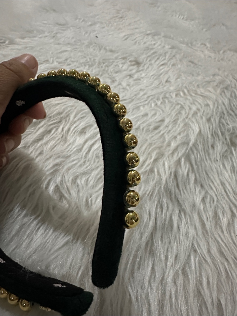 Lele Sadoughi Emerald Green Velvet Headband with Gold Bead Trim - Picture 4 of 5